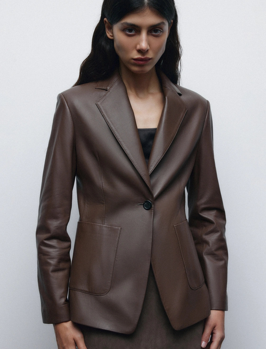 STRAIGHT FIT FAUX LEATHER BLAZER